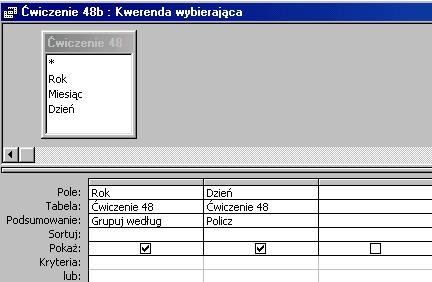 Aby policzyć ilość dni w których realizowane były zamówienia należy dla utworzonej kwerendy wykonać następną kwerendę grupującą. Grupowanie dla pól Rok, Miesiąc, policz pole Dzień.