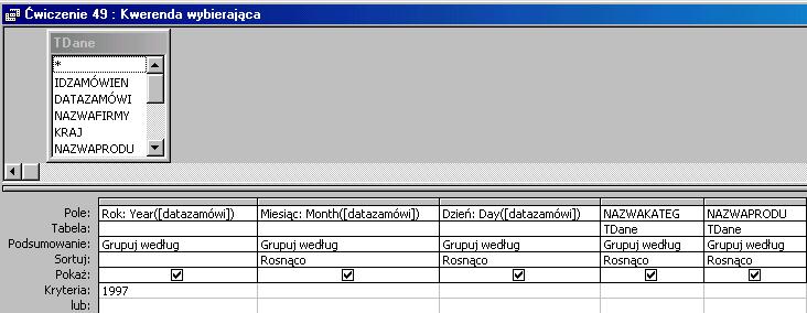 Jak to zrobić? TDane - ćwiczenie 49. Sposób pierwszy - kwerenda z "kwerendy". Utwórz kwerendę w widoku projektu dla tabeli TDane.