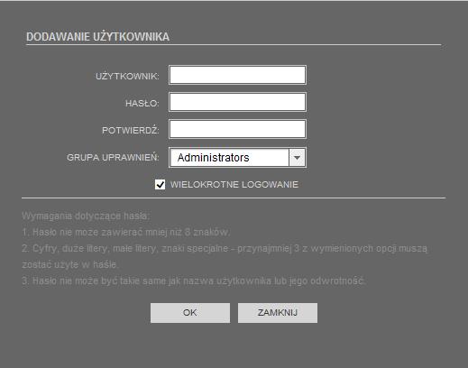 Instrukcja obsługi kamer PTZ serii NVIP-5000 wer.1.0. INTERFEJS WWW - PRACA Z KAMERĄ 3.13.2. Użytkownicy W menu Użytkownicy można dodawać, modyfikować i usuwać poszczególnych użytkowników.