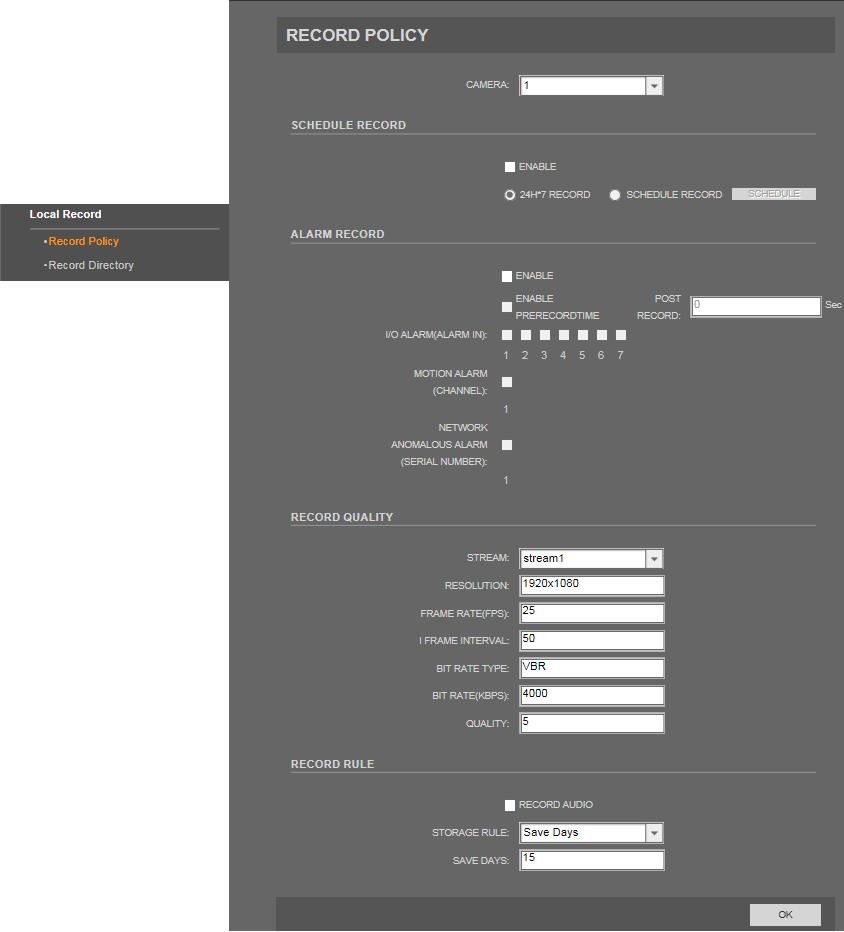 NVIP-5000 PTZ cameras series NVIP-5000 PTZ camera series - user manual ver.1.0. WWW INTERFACE - WORKING WITH IP CAMERA 3.9. Local Record 3.9.1. Record Policy In Record Policy tab you can set local recording settings.