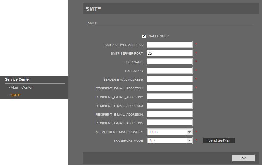 NVIP-5000 series IP PTZ camera - user manual ver.1.0. WWW INTERFACE - WORKING WITH IP CAMERA 3.12. Service Center 3.12.1. Alarm Center Function not available. 3.12.2. SMTP In SMTP tab you can enable, configure and test SMTP function.