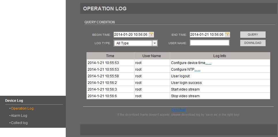 NVIP-5000 series IP PTZ camera - user manual ver.1.0. WWW INTERFACE - WORKING WITH IP CAMERA 3.15. Device Log 3.15.1. Operation Log In Operation Log tab you can search, display and download operation logs.