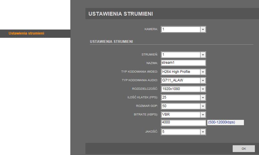 Instrukcja obsługi kamer PTZ serii NVIP-5000 wer.1.0. INTERFEJS WWW - PRACA Z KAMERĄ 3.5. Ustawienia strumieni W menu Ustawienia strumieni można zmienić parametry dla każdego strumienia wideo.