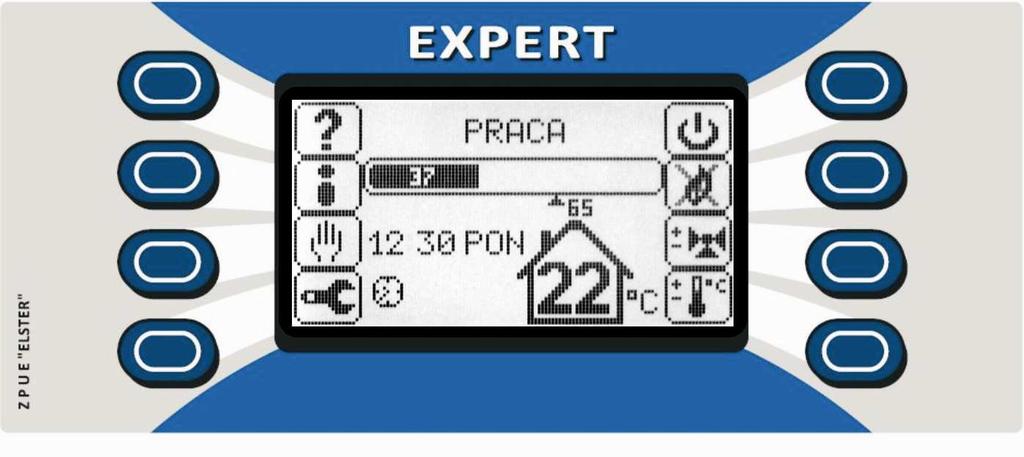 Po wyświetleniu stron startowych regulator wyświetli ekran główny. Zawierać będzie informacje dotyczące stanu kotła, oraz graficzny obraz klawiszy umieszczonych na wyświetlaczu.