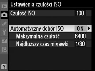 Maksymalną wartość dla automatycznego doboru ISO można wybrać przy pomocy opcji Maksymalna czułość (wybierz niższe wartości, aby uniknąć szumów w formie losowo rozmieszczonych jasnych pikseli, mgły