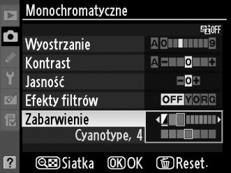 A Efekty filtrów (dotyczy tylko opcji Monochromatyczne) Opcje w tym menu symulują efekty kolorowych filtrów w fotografiach monochromatycznych.