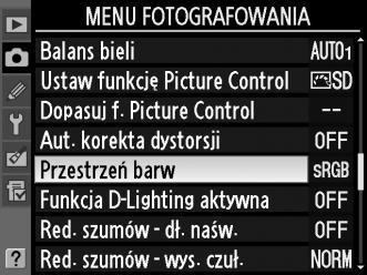 Przestrzeń barw Przestrzeń barw określa gamę barw, które mogą być reprodukowane przez dane urządzenie. Wybierz przestrzeń barw w zależności od sposobu przetwarzania zdjęć po tym, jak opuszczą aparat.