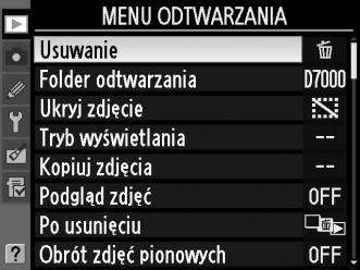 M Przewodnik po menu D Menu odtwarzania: zarządzanie obrazami Aby wyświetlić menu odtwarzania, naciśnij przycisk G i wybierz kartę D (menu odtwarzania).