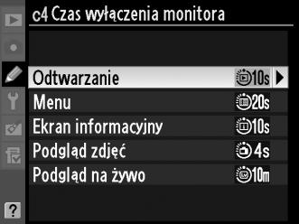 c4: Czas wyłączenia monitora Przycisk G A menu ustawień osobistych Wybierz jak długo monitor pozostaje włączony, gdy nie przeprowadza się żadnych czynności podczas odtwarzania (Odtwarzanie; domyślnie