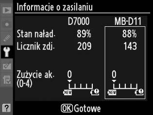 Informacje o zasilaniu Przycisk G B menu ustawień Wyświetlanie informacji o źródle zasilania znajdującym się aktualnie waparacie. Pozycja Stan naład. Licznik zdj. Zużycie ak.