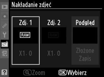 Wyróżnij Nakładanie zdjęć w menu retuszu i naciśnij 2. Wyświetli się okno dialogowe pokazane po prawej stronie, a Zdj. 1 będzie wyróżnione.