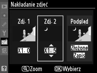 4 Dostosuj wzmocnienie. Wyróżnij Zdj. 1 lub Zdj. 2 i zoptymalizuj ekspozycję nakładanych zdjęć wybierając wartość wzmocnienia z zakresu od 0,1 do 2,0 za pomocą przycisku 1 lub 3.