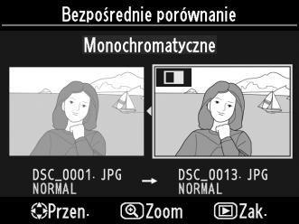 W trybie odtwarzania na pełnym ekranie wybierz wyretuszowaną kopię (oznaczoną ikoną N) lub zdjęcie, które zostało wyretuszowane i naciśnij J. 2 Wybierz Bezpośrednie porównanie.