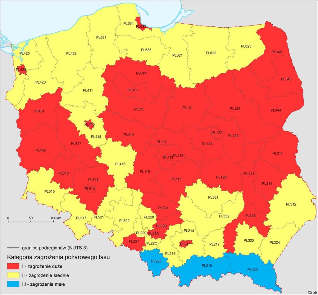 Zagrożenie pożarowe lasów Forest fire risk Kategoryzacja podregionów pod względem zagrożenia pożarowego lasu (stan na 31.08.2008 r.