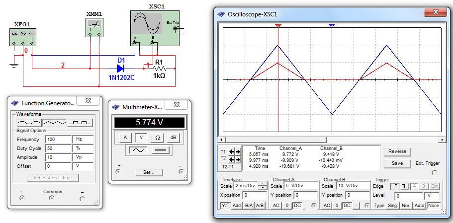 . Pomiary i obserwacje oscylosopem sygnałów oresowych W programie Multisim uład pomiarowy należy zestawić zgodnie ze schematem na rysunu 6 wyorzystując wirtualny generator funcyjny, oscylosop