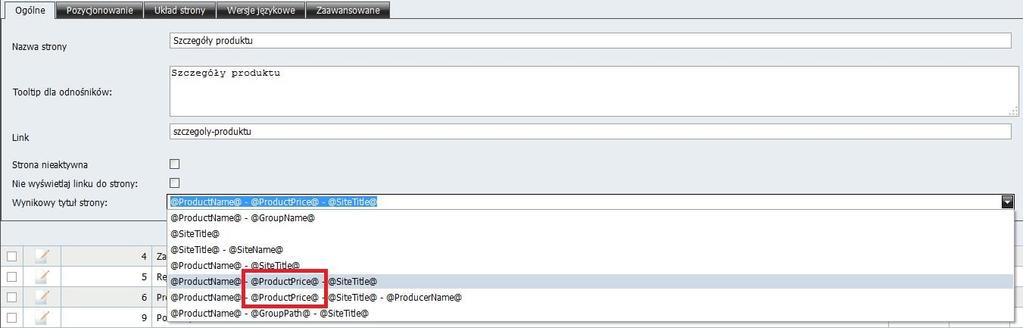 W tym celu w Panelu Administracyjnym > Zarządzanie stronami > Strony > edycja strony Szczegóły produktu > do Wynikowego tytułu strony dodano makro @ProductPrice@, które zwraca cenę