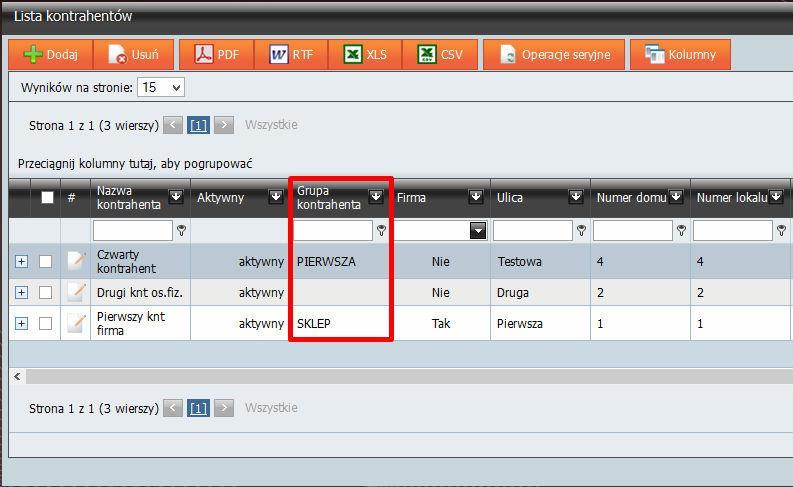 Panelu Administracyjnym > Kontrahenci > Lista kontrahentów > nowa kolumna Grupa kontrahenta.