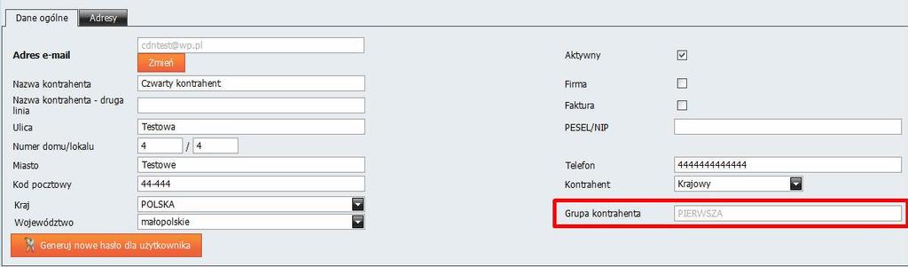 Panelu Administracyjnym > Kontrahenci > Lista kontrahentów > edycja wybranego kontrahenta > nowe pole Grupa kontrahenta Uwaga: Nazwa grupy kontrahenta w polu Grupa kontrahenta jest w trybie