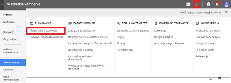 Gdzie jest Google Keyword Planner w panelu AdWords?