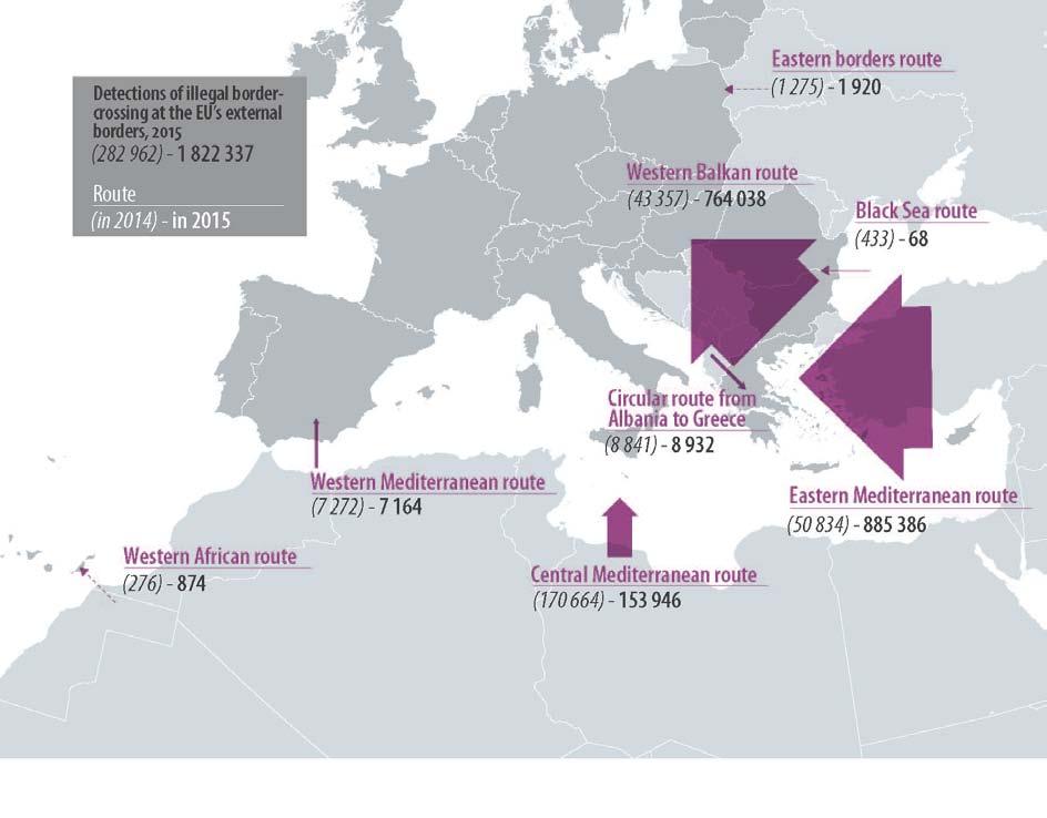 Rys. 3 Liczba wykrytych przypadków nielegalnego przekroczenia granic zewnętrznych UE w 2015 r. (2014 r.) 1 14 Liczba wykrytych przypadków nielegalnego przekroczenia granic zewnętrznych UE w 2015 r.