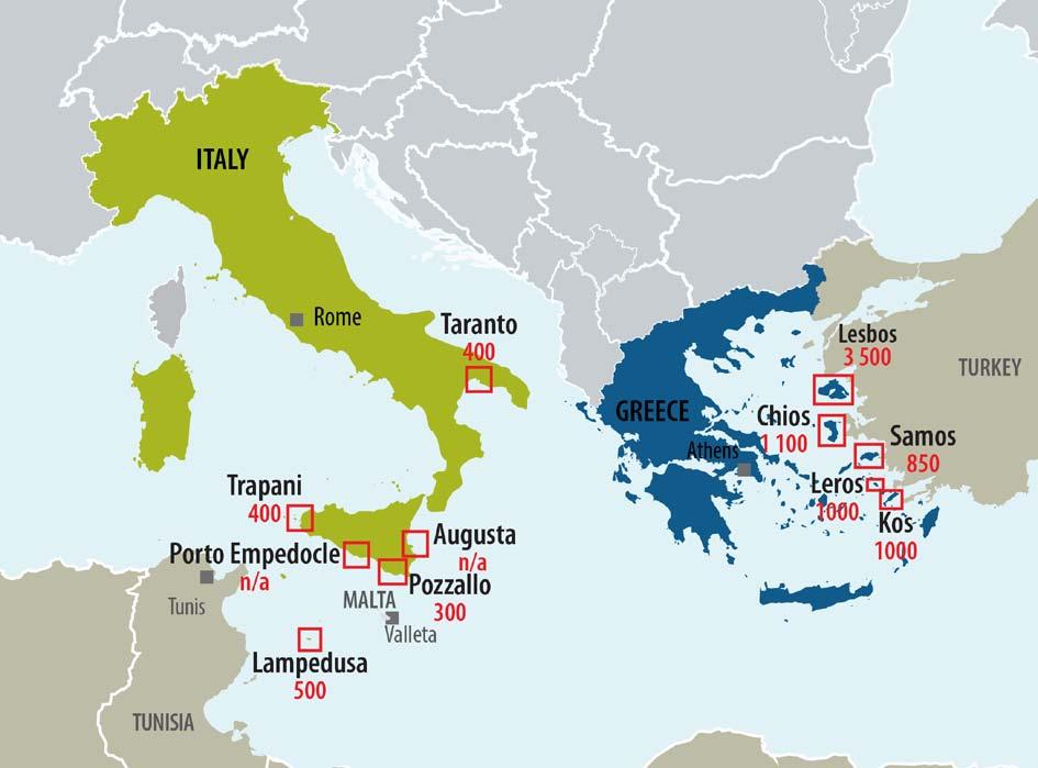 Rys. 5 Lokalizacja hotspotów we Włoszech i w Grecji oraz zdolność tych ośrodków do przyjmowania migrantów 1 16 WŁOCHY Rzym Tarent 400 Lesbos 3 500 TURCJA Trapani 400 Augusta Porto Empedocle nd.