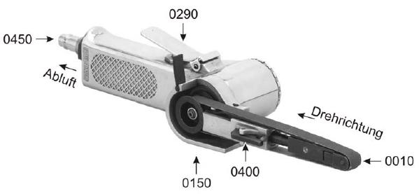 3. Ilustracja szlifierki taśmowej Poz. Opis Ilość 0010 Taśma szlifierska 1 0150 Śruba głowicy 1 0290 Spust 1 0400 Napinacz 1 0450 Złączka wtykowa R1/4 a 1 Kierunek obrotów 4.