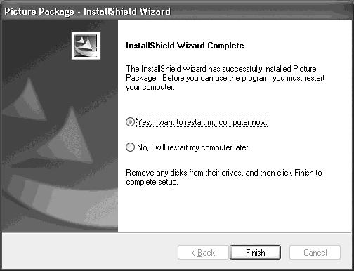 f Klepněte na příkaz [Install] na obrazovce Ready to Install the Program. Začne instalace. Zobrazí se ikony zástupců softwaru Picture Package Menu a Picture Package destination Folder.