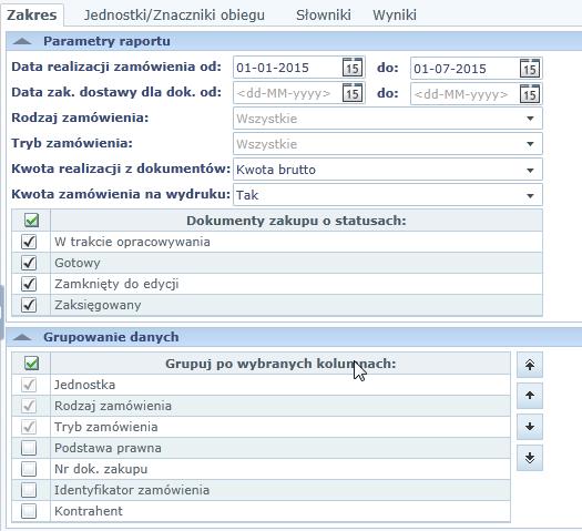 Zestawienia sporządzanie bilansu i zestawień Na zakładce Zakres należy standardowo określić parametry zestawienia (możliwość określenia grupowania np. po rodzajach zamówienia, trybach). Rysunek 93.