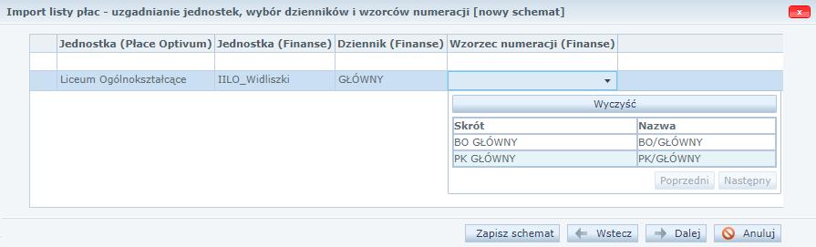 W oknie Import listy płac uzgadnianie jednostek, wybór dzienników i wzorców numeracji przypisać jednostkę, dziennik a także wzorzec numeracji, w którym zostanie utworzony dokument PK, a następnie