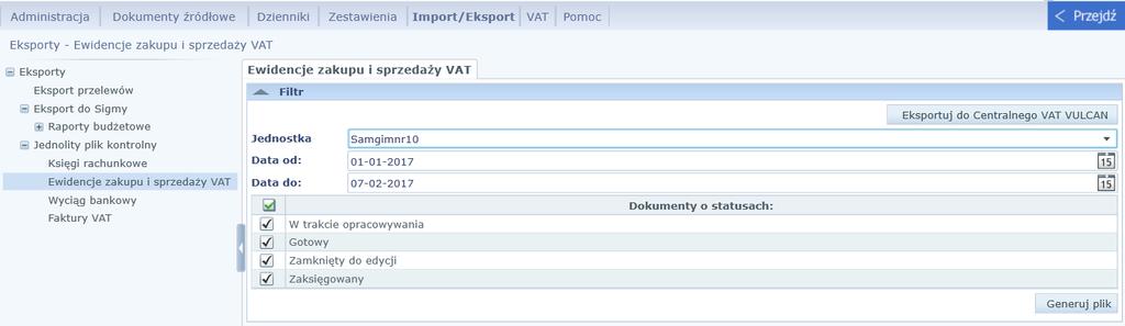 Import/ Eksport Rysunek 112. Eksport JPK. 4. Kliknąć przycisk Generuj plik. 5. Potwierdzić zapis pliku JPK. 6.