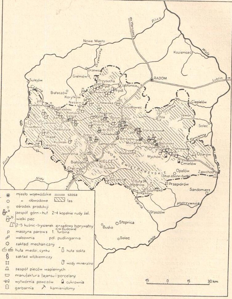 Mapa 4 Staropolskie Zagłębie Przemysłowe w latach 1815 1845 według A. Borkiewicza Źródło: Staropolskie zagłębie przemysłowe, J. Zieliński, Wrocław Warszawa, 1965, s. 81.