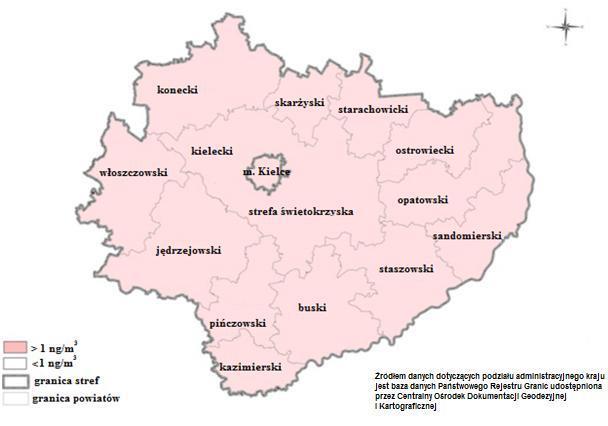 Mapa 5 Obszar przekroczenia poziomu docelowego benzo(a)pirenu (1ng/m 3 ) w województwie świętokrzyskim w 2014 roku Źródło: Opracowanie własne na podstawie: Roczna ocena jakości powietrza w