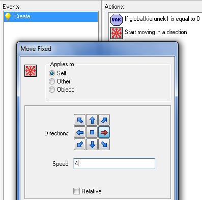 kierunek1). Dla pocisku stwórz zdarzenie Create. W tym zdarzeniu będzie testować, w którą stronę ma lecieć pocisk. Jeśli global.