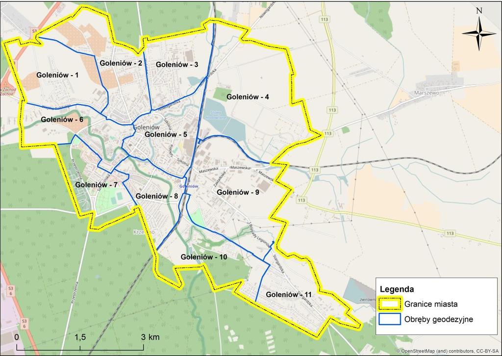 Rys. 1 Obręby geodezyjne na obszarze