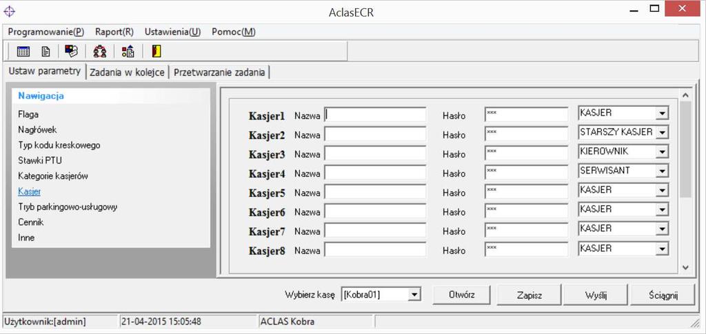 W sposób podobny jak dla danych PLU można Kasjer otworzyć z pliku zapisanego na komputerze, ściągnąć z kasy lub edytować plik z ustawieniami domyślnymi.