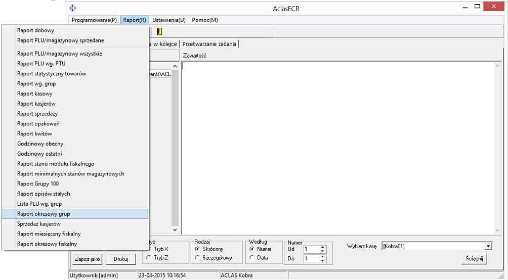 5. Raporty Dla wykonania operacji w menu Raporty kasa musi być skomunikowana z programem AclasECR.