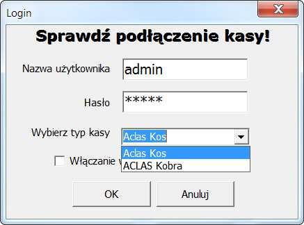 6. Logowanie i ustawienia 6.1. Logowanie Po dwukrotnym kliknięciu ikony programu AclasECR.exe pojawi się okienko: Należy: Wpisać użytkownika i jego hasło zgodnie z punktem 5.2.