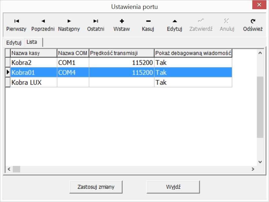 6.2. Ustawienia kasy Umożliwia ustawienie parametrów transmisji dla różnych kas dostępnych w systemie.