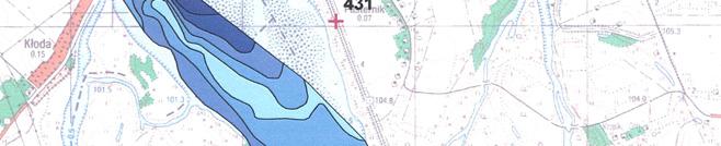 Mapa hipsometryczna fragmentu koryta Wisły poniżej Kozienic (rejon ujścia Okrzejki) oraz struktury sedymentacyjne