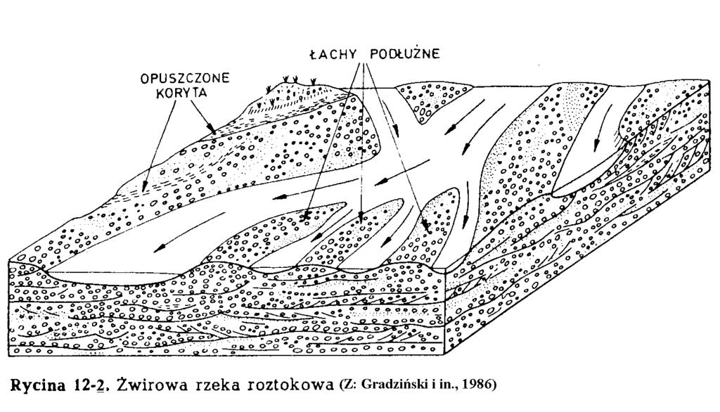 9 W przekroju pionowym osadów dominują masywne lub niewyraźnie poziomo warstwowane osady żwirowe o zwartym szkielecie ziarnowym, z zaprądową imbrykacją klastów.