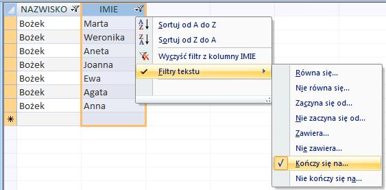 UWAGA Kwerenda nie zapisuje ustawionych w ten sposób filtrów; powtórne jej uruchomienie wyświetli całą tabelę.