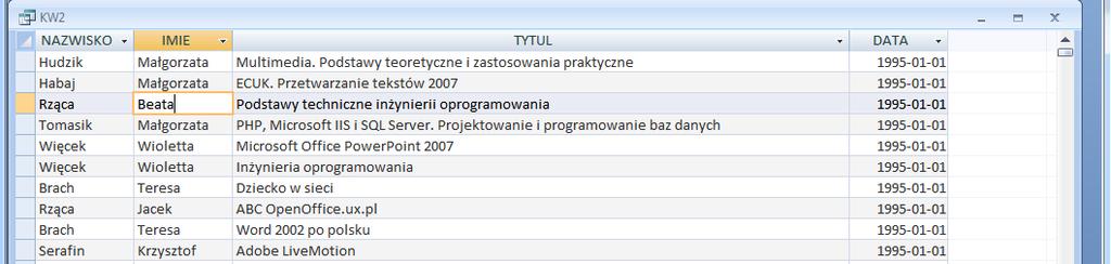 2.2. Wyświetl zakupy kobiet o imieniu Katarzyna Tym razem nie zwykłe filtrowanie, ale poprzez ustawienie kryteriów, które zostaną zapamiętane w kwerendzie wybierz Widok projektu kwerendy