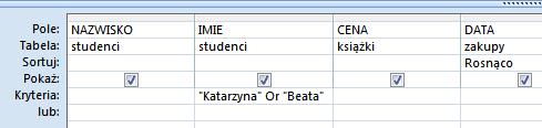 Kryteria: - wpisz Katarzyna kolumna IMIE, pole Lub: - wpisz Beata uporządkuj rekordy według pola DATA rosnąco zapisz kwerendę z nazwą KW3 UWAGA w poprzednim ćwiczeniu 2.