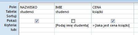 Wyświetl nazwiska osób i ceny książek Jako parametr podajemy imię studenta i ilość stron książek otwórz kwerendę KW4 w Widok projektu pasek narzędziowy Projektowanie, przycisk Pokaż tabelę Pojawi się