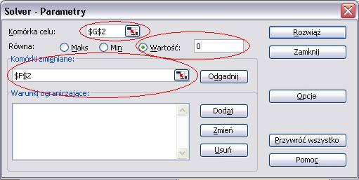 skonfigurować tak jak pokazano na rysunku W polu Komórka celu: wskazać komórkę w arkuszu (w przykładzie jest to G2), w