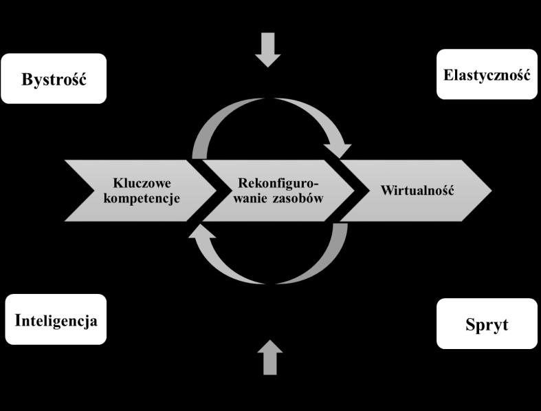 Koncepcja i modele zwinnego przedsiębiorstwa 223 wewnętrzną strukturę przedsiębiorstwa, określającą podział zadań, poziom elastyczności, a także niezbędne kompetencje zatrudnionych pracowników.