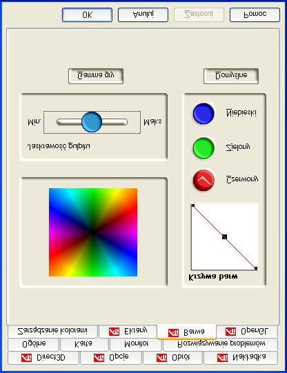 11 Zakładka Barwa ATI Zakładka Barwa ATI służy do zmiany ustawień barw. Można zmieniać kolory wyświetlanych obrazów: czerwony, zielony i niebieski. Można też zmieniać jaskrawość i Gamma gry (jasność).