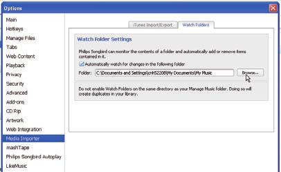Aby ustawić folder plików multimedialnych aplikacji itunes Aby ustawić folder śledzony Aby ustawić folder śledzony w aplikacji Philips Songbird, wykonaj następujące czynności: 1 W programie Philips