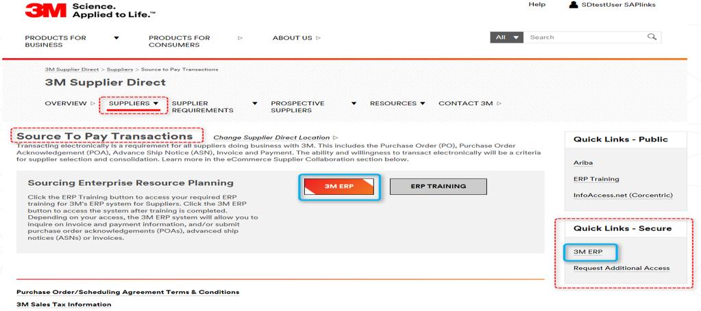 Logowanie się do SNC (ciąg dalszy) W sekcji Szybkie odsyłacze (Quick Links) z prawego boku strony kliknij polecenie 3M ERP.