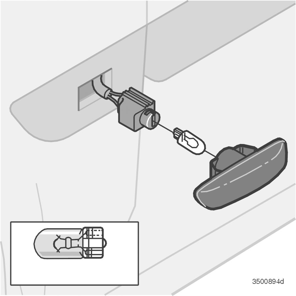 Zamocować oprawę, obracając ją w prawo. Znak TOP powinien znajdować się u góry! Wymiana żarówki kierunkowskazu bocznego Uchylić do połowy przednie drzwi.